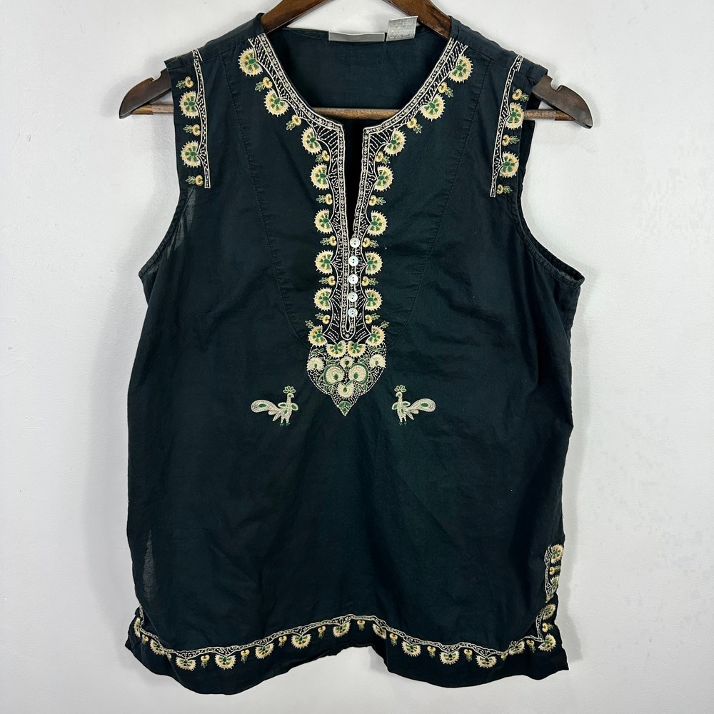Soft Surroundings Tunic Tank PL Black Embroidered Boho Hippie Peasant Festival